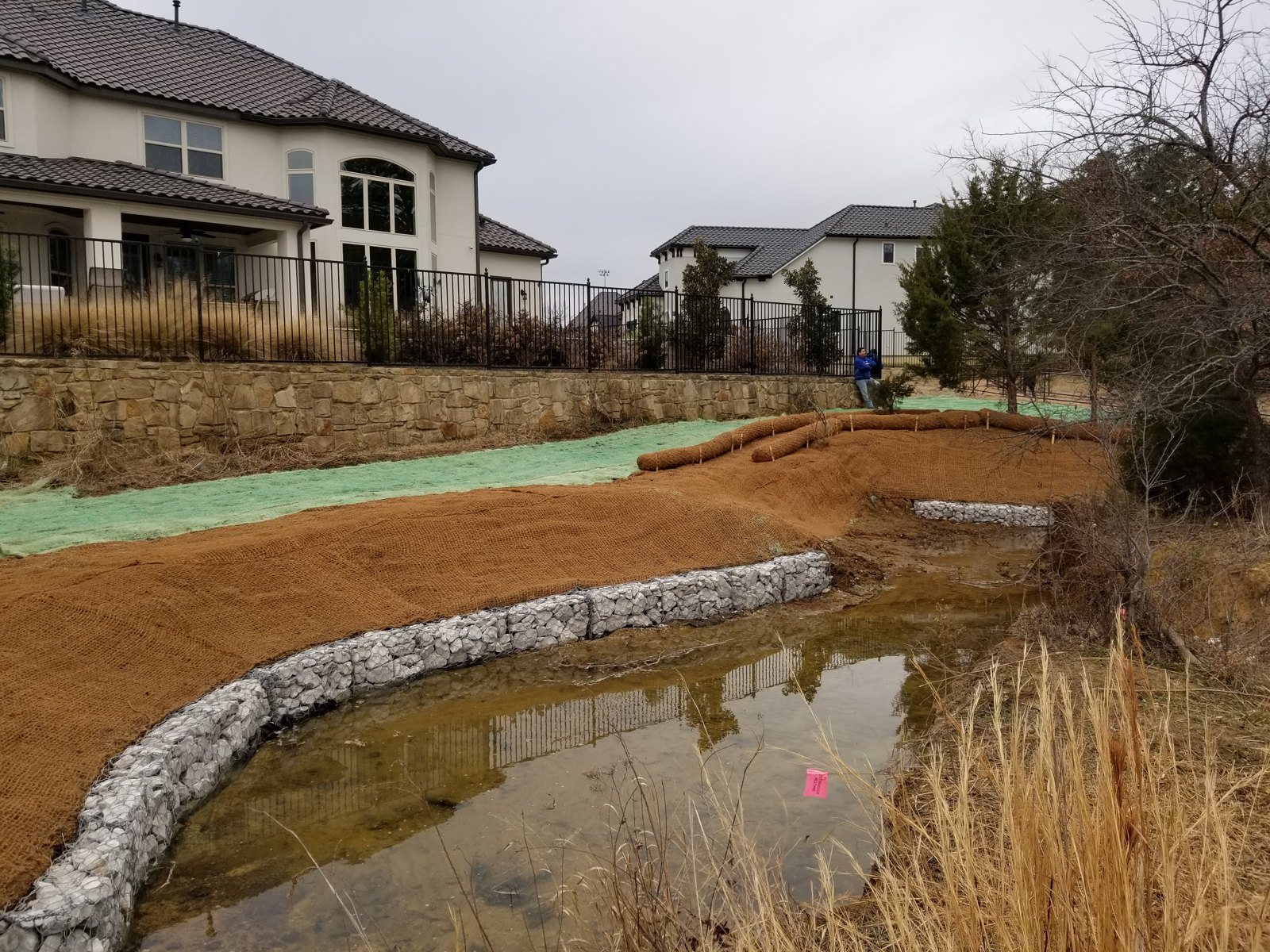 Gabion bank stabilization along a creek channel