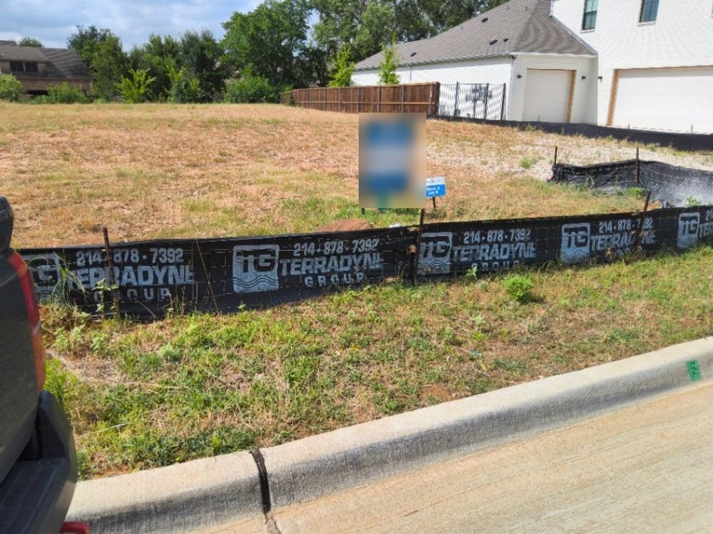 Terradyne branded silt fence along a cleared lot in North Richland Hills